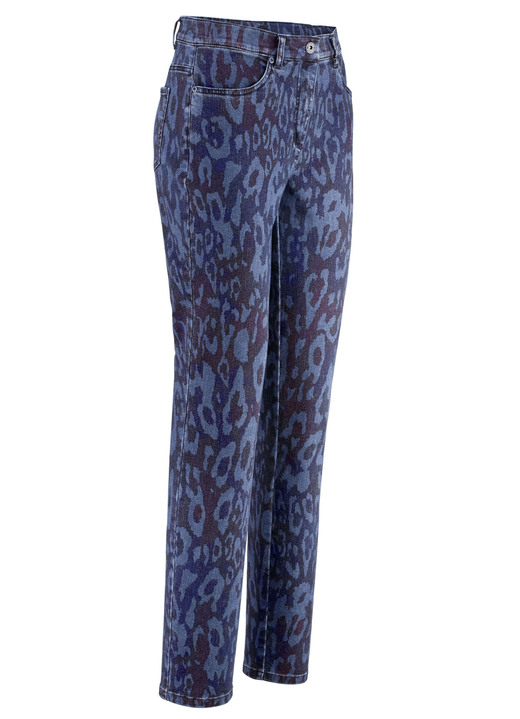Hosen - Jeans mit angesagter Tierfelldessinierung, in Größe 017 bis 052, in Farbe DUNKELBLAU-JEANSBLAU-BORDEAUX Ansicht 1