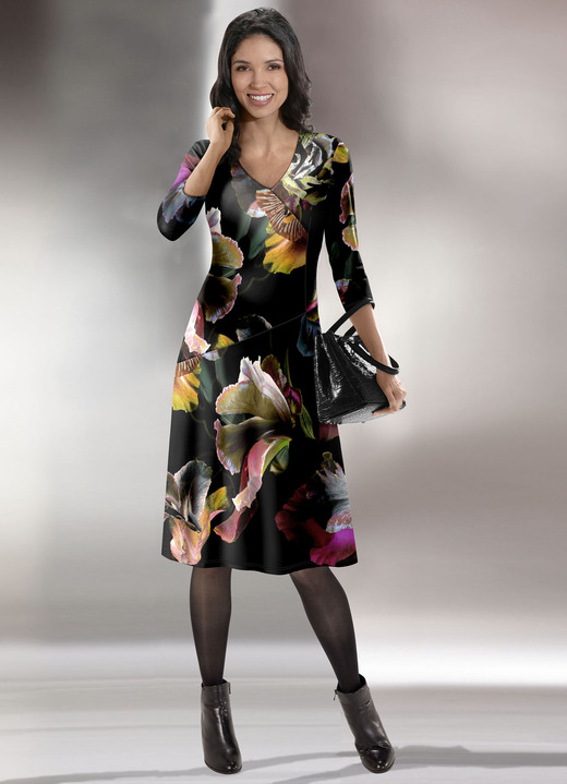 Kleider - Kleid mit V-Ausschnitt, in Größe 036 bis 552, in Farbe SCHWARZ-BUNT