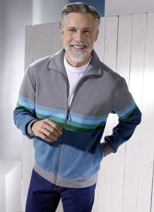 Sweatshirts - Sweatjacke mit Steh-Umlegekragen, in Größe 046 bis 062, in Farbe GRAU MELIERT-PETROL