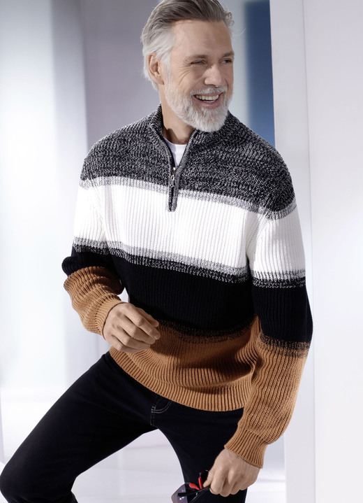 - Troyer mit kurzem Reißverschluss, in Größe 046 bis 062, in Farbe WEISS-SCHWARZ-CAMEL