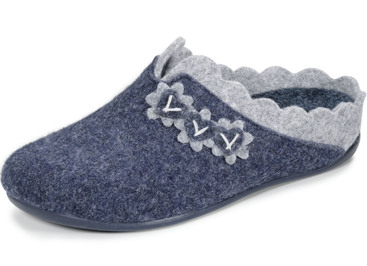 - Laurina Filz-Pantoffel mit pfifiger Applikation, in Größe 036 bis 042, in Farbe BLAU-GRAU