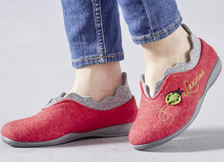 - Laurina Filz-Hausschuh mit fantasievoller Stickerei, in Größe 036 bis 042, in Farbe ROT-HELLGRAU Ansicht 3