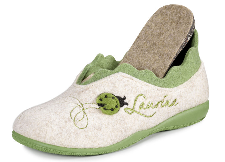 - Laurina Filz-Hausschuh mit fantasievoller Stickerei, in Größe 036 bis 042, in Farbe ECRU-GRÜN Ansicht 2