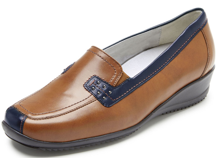 Slipper & Schnürschuhe - Waldläufer, bequeme Damen-Slipper, Weite H, mit herausnehmbarem Fußbett, in Größe 3 1/2 bis 8, in Farbe COGNAC-BLAU Ansicht 1
