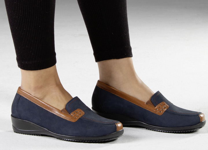 Slipper & Schnürschuhe - Waldläufer, bequeme Damen-Slipper, Weite H, mit herausnehmbarem Fußbett, in Größe 3 1/2 bis 8, in Farbe COGNAC-BLAU Ansicht 11