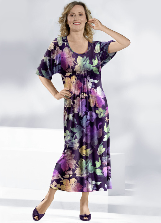 Homewear & Freizeitmode - Kaftan mit farbbrillantem Inkjet-Druck, in Größe 038 bis 062, in Farbe AUBERGINE-BUNT