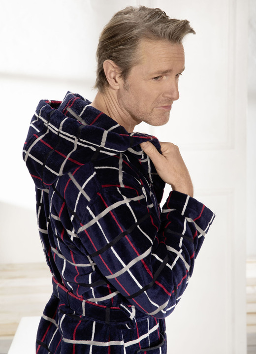 - Bademantel mit Kapuze, in Größe L bis XXL, in Farbe MARINE-ROT-BUNT Ansicht 2