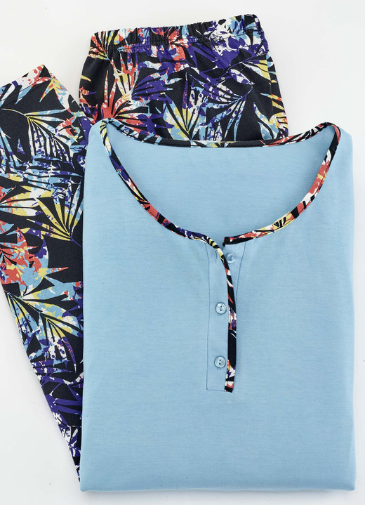 - Schlafanzug 3-teilig mit platziertem Druck Ansicht 3 - Schlafanzug 3-teilig mit platziertem Druck, in Größe 036 bis 056, in Farbe KORALLE-BUNT/TÜRKIS-BUNT Ansicht 3