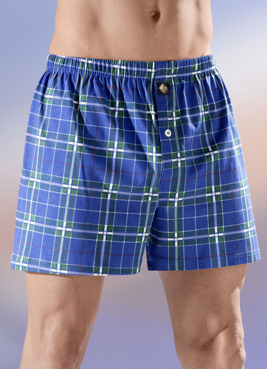 Tagwäsche - Viererpack Boxershorts, kariert, knöpfbarer Eingriff, in Größe 005 bis 014, in Farbe 2X ROYALBLAU-BUNT, 2X GRUEN-BUNT