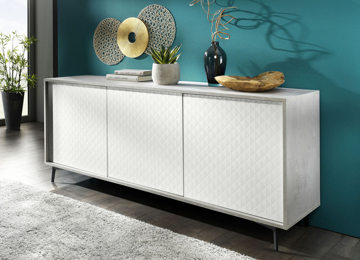 - Elegantes Sideboard mit Push-to-open-System, in Farbe BETON-WEISS, in Ausführung 3-türig