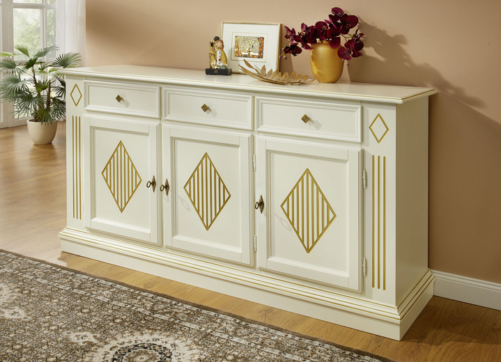 - Kommodenserie mit kunstvollen Verzierungen und Echtholzfurnier, in Farbe CREME-GOLD, in Ausführung 1-türig Ansicht 1