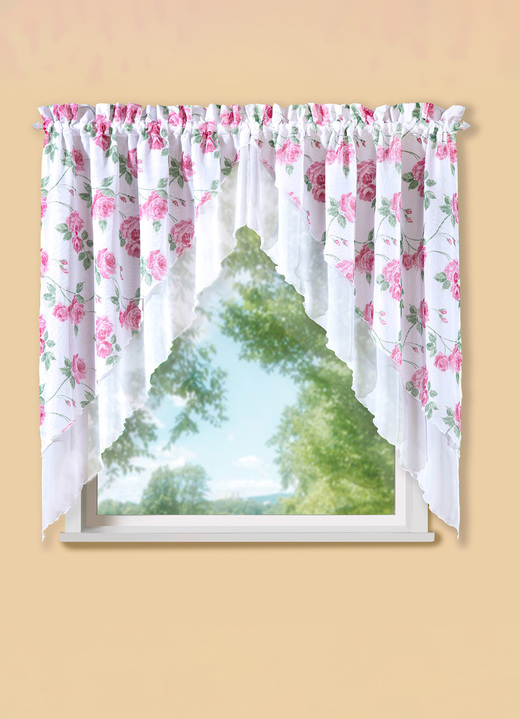 Kurzgardinen - 2-teiliger Fensterbehang mit Rosenmotiv, in Größe 878 (80x80 cm) bis 892 (145x120 cm), in Farbe WEIß-ROSE Ansicht 1