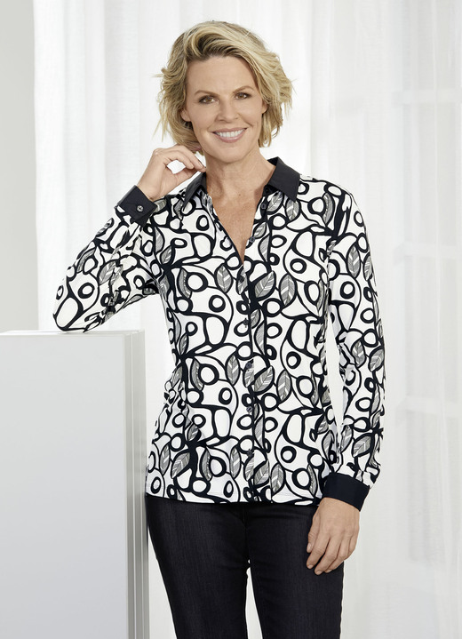 - Shirtbluse mit Hemdkragen, in Größe 036 bis 052, in Farbe WEISS-SCHWARZ