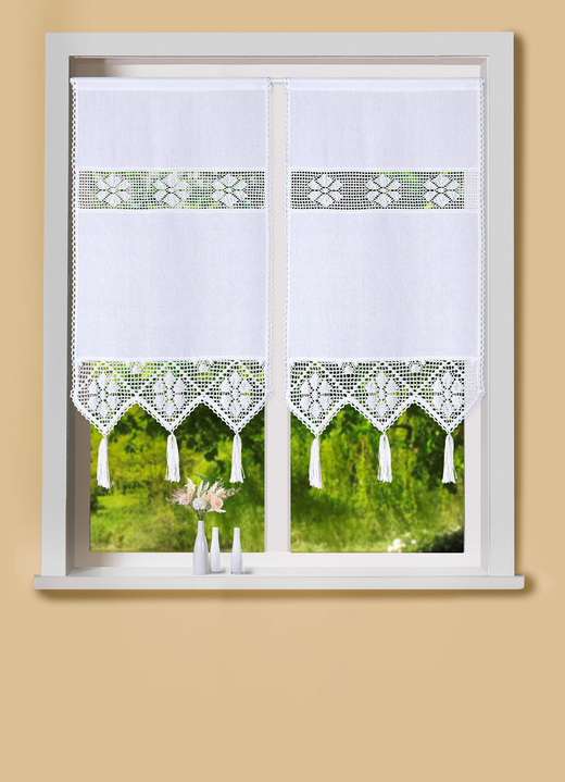 Klassisch - Fenster- und Türbehang mit Häkeleinsätzen, in Größe 307 (Fensterbehang, 60x40 cm) bis 349 (Türbehang, 175x90 cm), in Farbe WEIß Ansicht 1
