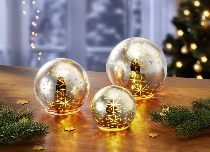 Weihnachtliche Dekorationen - Beleuchtete Glaskugeln, 3er-Set, in Farbe SILBER