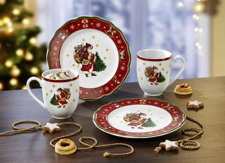 Porzellan - Gedeck-Set  4-teilig, in Farbe ROT-WEISS