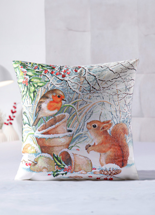 Dekokissen & Hüllen - Kissenbezug Eichhörnchen mit Vogel, in Farbe ECRU-BUNT Ansicht 2