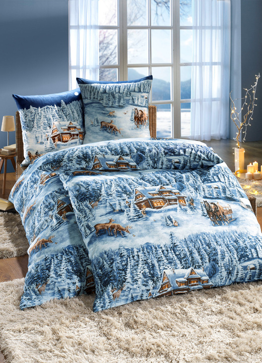 Heimtextilien - Beidseitig bedruckte Bettwäsche-Garnitur in Biber-Qualität, in Größe 111 (40/80 cm + 135/200 cm) bis 412 (2x 80/80 cm + 2x 135/200 cm), in Farbe DUNKELBLAU Ansicht 1