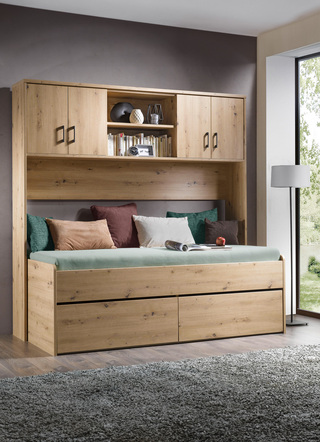 Schlafzimmerschränke - Bett mit 2 Schubladen, in Farbe ARTISAN EICHE, in Ausführung Bett mit Rollbettkasten – Farbe WEISS – Ansicht 