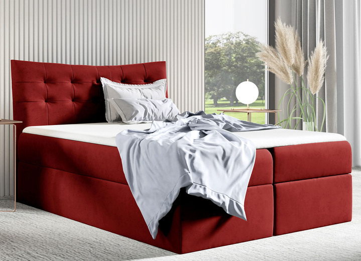- Boxspringbett mit 2 Bettkästen und Topper, in Farbe ROT
