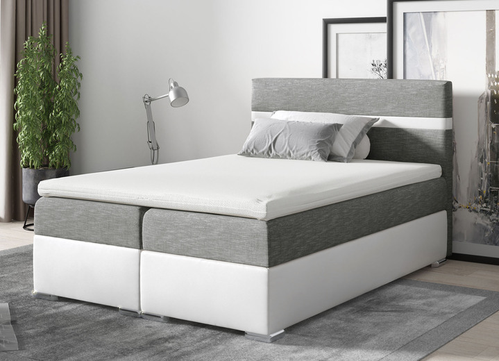 - 2-farbiges Boxspringbett mit Bettkasten und Topper, in Farbe WEISS-GRAU