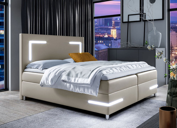 - Boxspringbett mit LED-Beleuchtung und Topper, in Farbe CAPPUCCINO