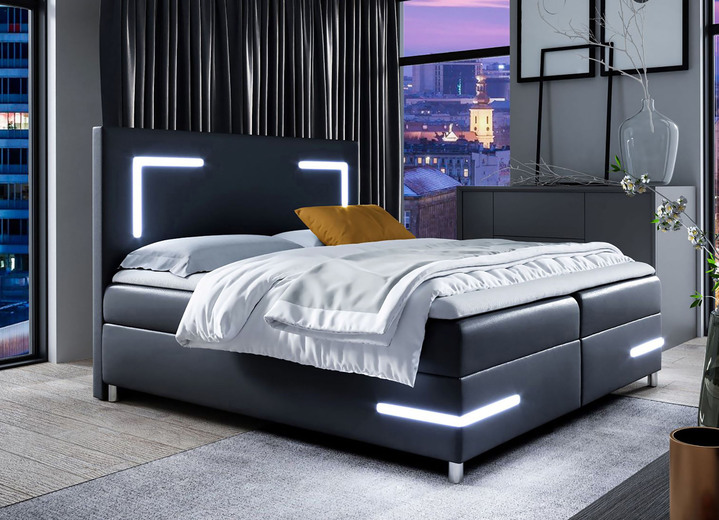 Boxspringbetten - Boxspringbett mit LED-Beleuchtung und Topper, in Farbe SCHWARZ