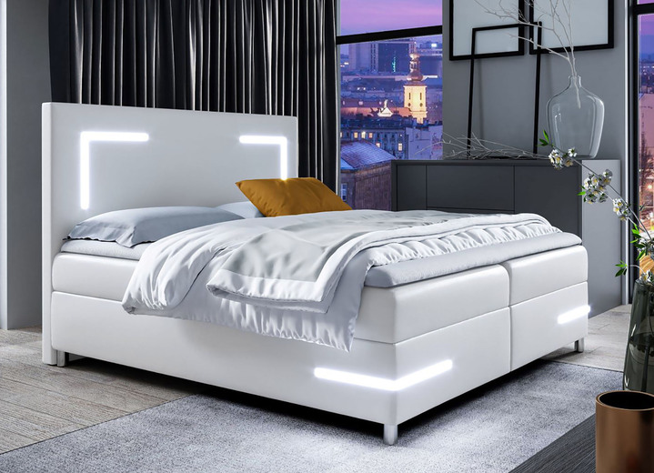 - Boxspringbett mit LED-Beleuchtung und Topper, in Farbe WEISS