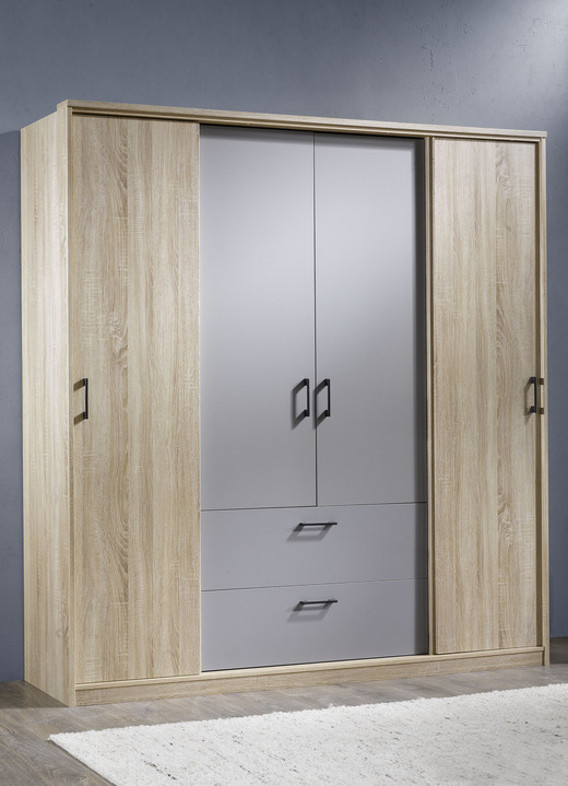 - Moderner Kleiderschrank, in Farbe EICHE SONOMA-GRAU, in Ausführung Kleiderschrank, 4-türig