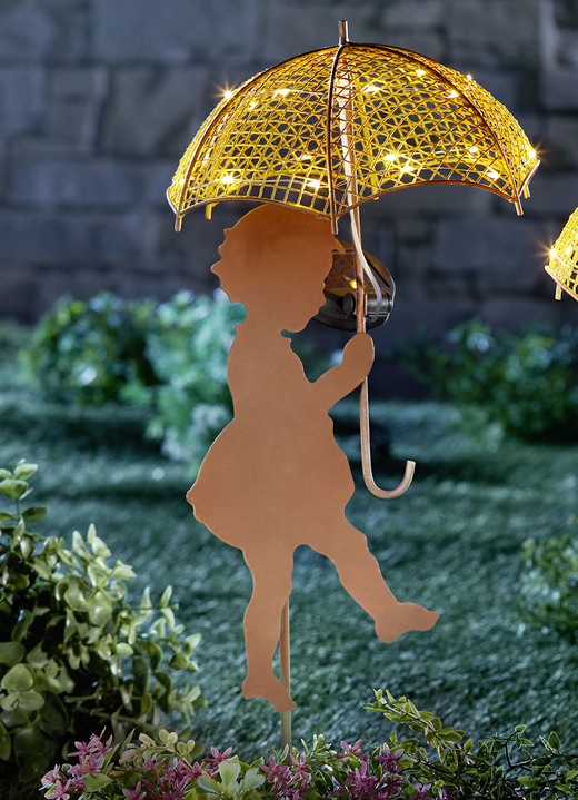Gartenbeleuchtung - Solarstecker aus Metall, in Farbe BRAUN-GELB, in Ausführung Junge mit Solarschirm Ansicht 3