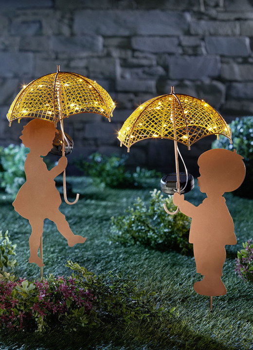 Gartenbeleuchtung - Solarstecker aus Metall, in Farbe BRAUN-GELB, in Ausführung Junge mit Solarschirm Ansicht 2