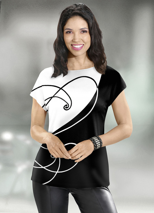 Kurzarm - Shirt mit edlem Druck Kurzarm - Shirt mit edlem Druck, in Größe 036 bis 052, in Farbe SCHWARZ-WEISS