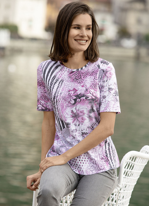 Kurzarm - Shirt mit Alloverdessin, in Größe 038 bis 054, in Farbe AZALEE-ROSÉ-MULTICOLOR Ansicht 1