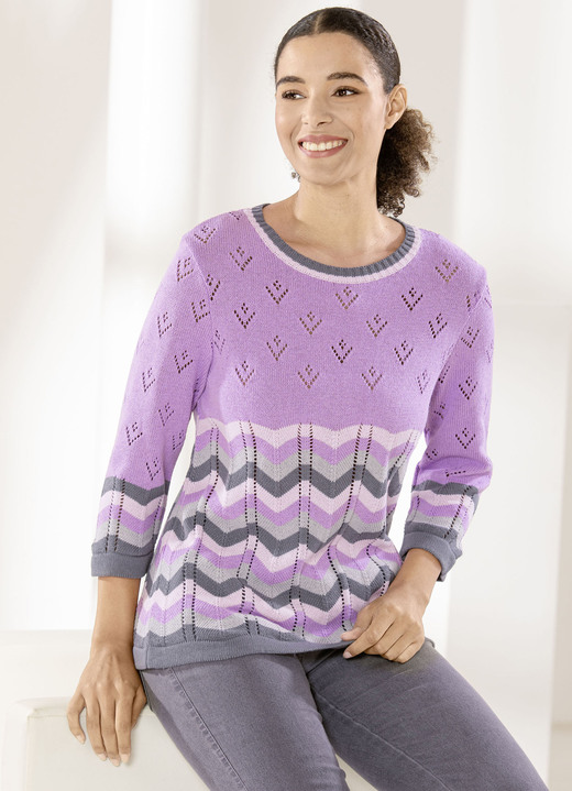 Pullover & Strickmode - Pullover mit Ajourakzenten, in Größe 038 bis 052, in Farbe KROKUS-GRAU-MULTICOLOR