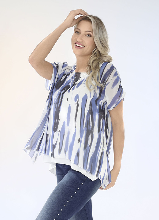 Damenmode - Doppellagiges Shirt mit silberfarbenen Plättchen, in Größe 034 bis 038, in Farbe WEISS-BLAU-SCHWARZ Ansicht 1