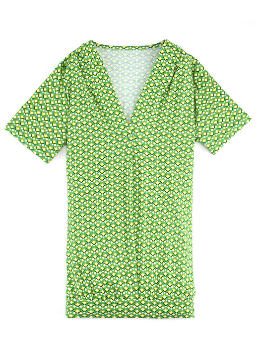Kurzarm - Shirt mit rückwärtiger Smokverarbeitung in 2 Farben, in Größe 036 bis 052, in Farbe GRÜN-GELB-BUNT Ansicht 1