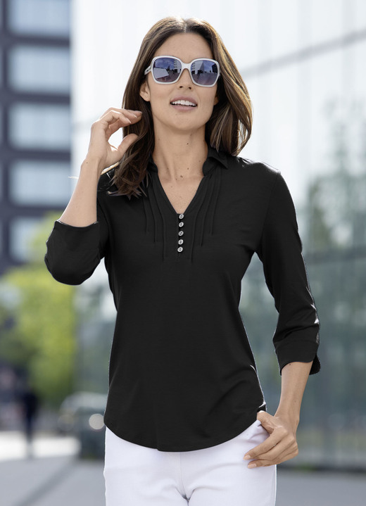 Tuniken - Shirt-Tunika mit Polokragen, in Größe 036 bis 052, in Farbe JEANSBLAU Ansicht 2