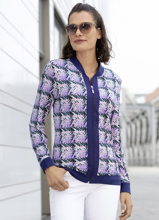 Blusenjacken - Blusenjacke mit Rippenstrick Blusenjacken - Blusenjacke mit Rippenstrick, in Größe 036 bis 052, in Farbe LILA-MARINE-BUNT
