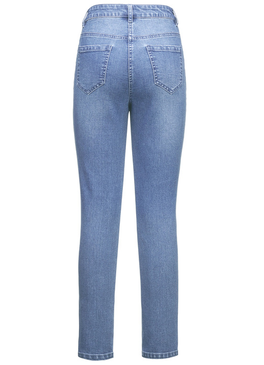 Hosen - Jeans mit floralen Lochstickereien und Strasssteinchen, in Größe 017 bis 050, in Farbe JEANSBLAU Ansicht 6