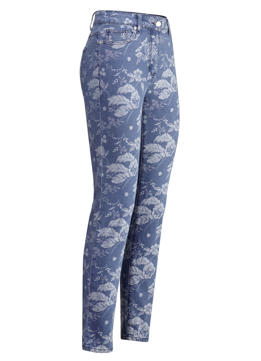 Hosen mit Knopf- und Reißverschluss - Jeans mit floraler Dessinierung, in Größe 017 bis 050, in Farbe JEANSBLAU-BLAU Ansicht 1