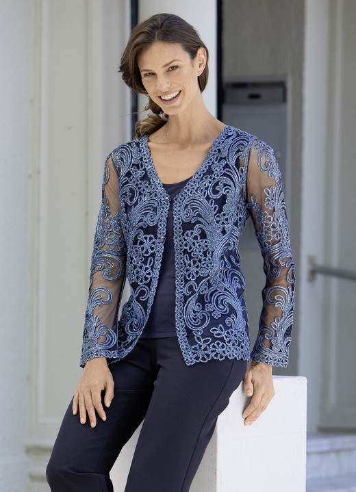 Anlassblusen - Blusenjacke mit Schmuckknöpfen Anlassblusen - Blusenjacke mit Schmuckknöpfen, in Größe 036 bis 052, in Farbe MARINE-BLEU