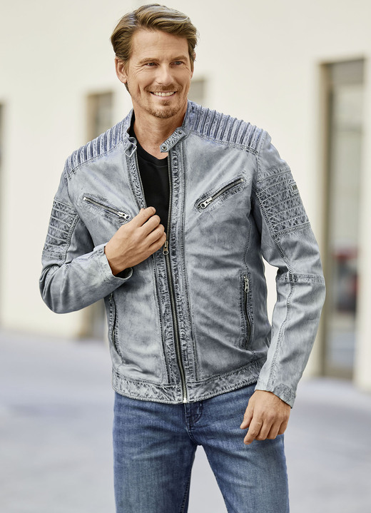 Lederjacken - Lederkurzjacke mit Zierstepp Ansicht 2 Lederjacken - Lederkurzjacke mit Zierstepp, in Größe 046 bis 062, in Farbe ANTIK GRAU Ansicht 2