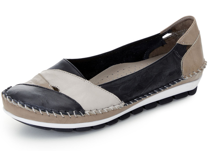 Damenmode - Gemini Mokassin-Slipper mit dezenter Knitter-Struktur, in Größe 036 bis 042, in Farbe SCHWARZ-TAUPE Ansicht 1