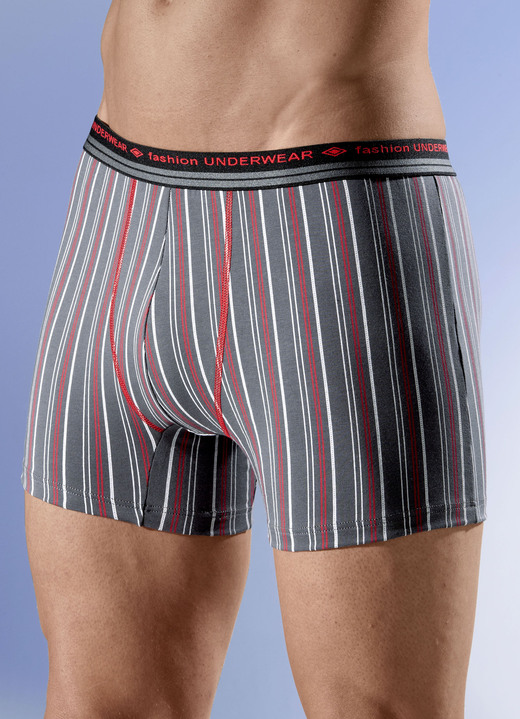 Pants & Boxershorts - Viererpack Pants mit Streifendessin, in Größe 004 bis 010, in Farbe 3X GRAU-ROT-WEISS, 1X UNI GRAU