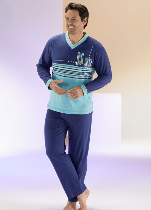 Schlafanzüge - Schlafanzug mit V-Ausschnitt und Ringeldessin, in Größe 046 bis 062, in Farbe BLAU-TÜRKIS-BUNT Ansicht 2