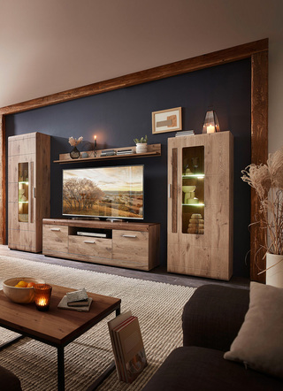 - Wohnwand mit LED-Beleuchtung, in Farbe EICHE NATUR-HAVELEICHE COGNAC