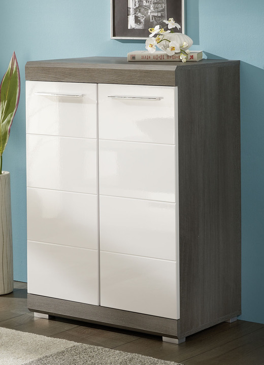 - Kommodenserie mit profilierten MDF-Fronten in Weiß Hochglanz, in Farbe WEISS-SILBER, in Ausführung 2-türig