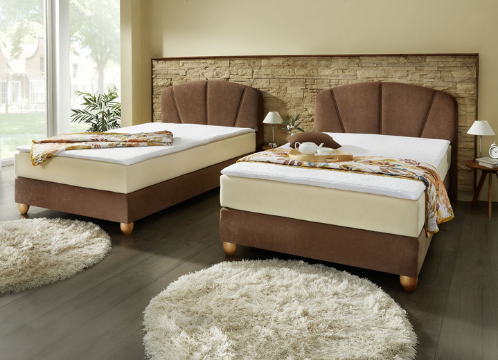 - Hochwertiges Boxspringbett mit Topper, in Farbe BRAUN-BEIGE, in Ausführung mit 7-Zonen-Tonnentaschenfederkernmaratze (bis ca. 100 kg Körpergewicht)