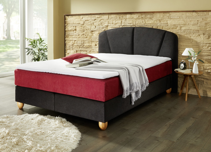 - Hochwertiges Boxspringbett mit Topper, in Farbe SCHWARZ-ROT, in Ausführung mit 7-Zonen-Tonnentaschenfederkernmaratze (bis ca. 100 kg Körpergewicht)