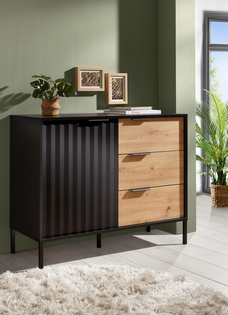 Vitrinen - Highboard mit geriffelten Fronten, in Farbe SCHWARZ-EICHE, in Ausführung Kommode, 1-türig
